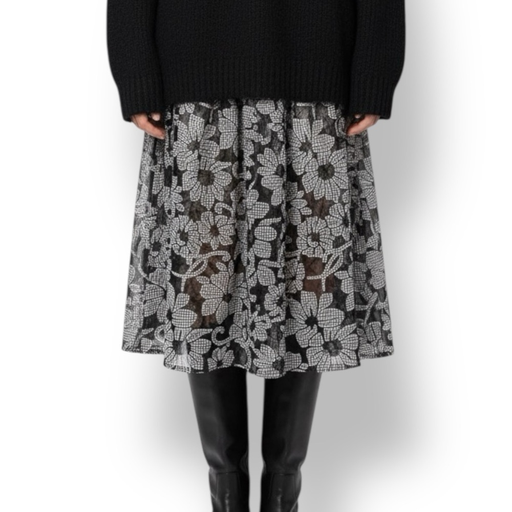 Zara Gingham Black & White Lace Floral Applique Midi Skirt Size S